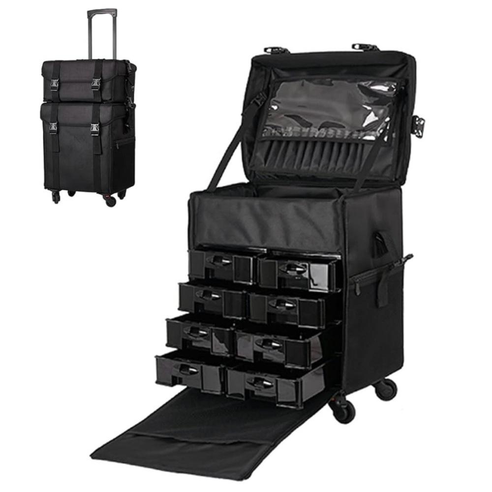 Black Rolling Makeup Case with Drawers Train Case Artist Travel Organizer